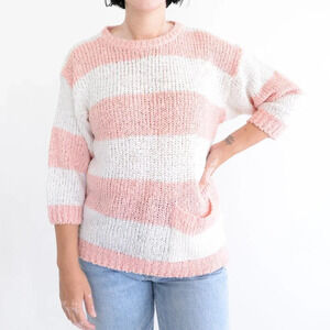 Vintage Sam & Max Pink & White Block Stripes  Knit Crewneck Pullover Sweater S